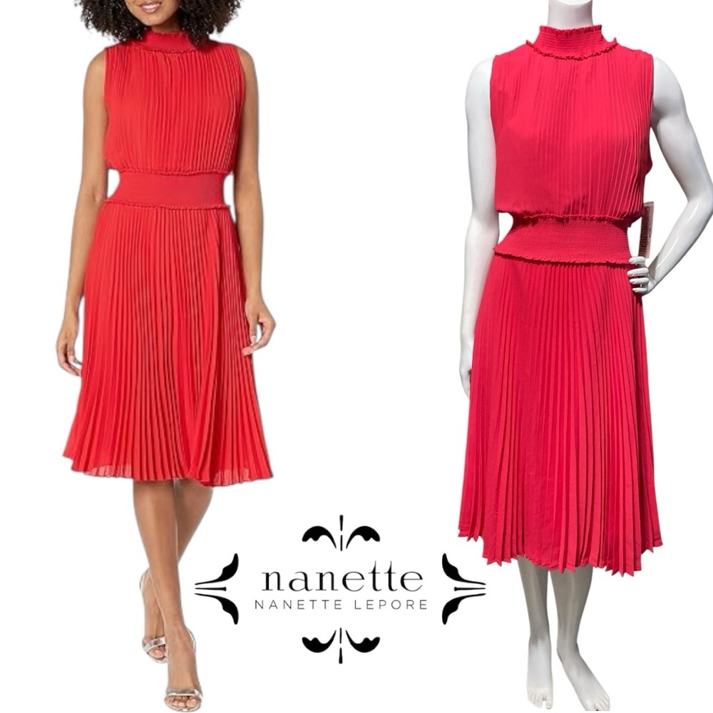 NANETTE LEPORE Pleated High Mock Neck & Waist Pink Midi Dress Sleeveless Sz 12